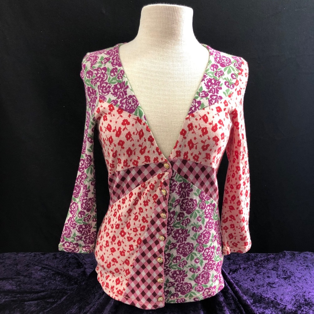 HWR Anthropologie Colorful Pink and Purple Patchwork Cardigan Sweater Size M